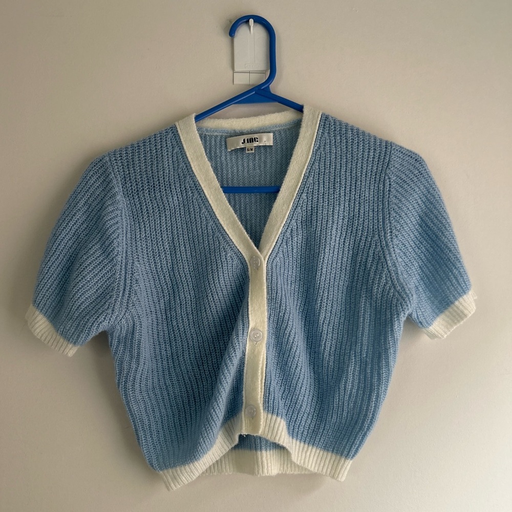 Vintage Light Blue and Cream Cropped Knit Cardigan